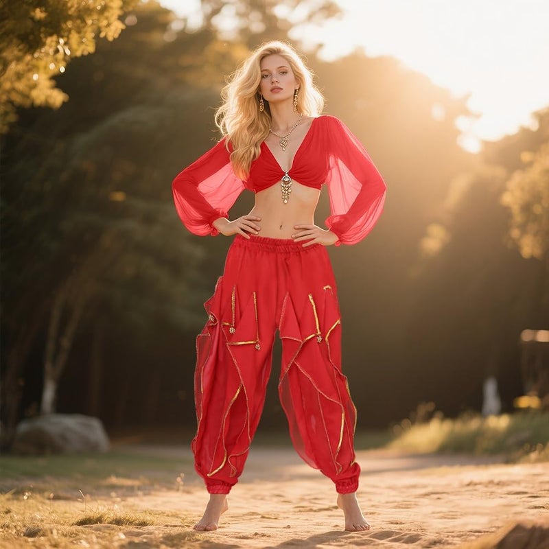 Rivoxi Women‘s Belly Dance Harem Pants with Golden Trim High Waist Stretchy Pants for Yoga Practice Stage Performance - Image 5